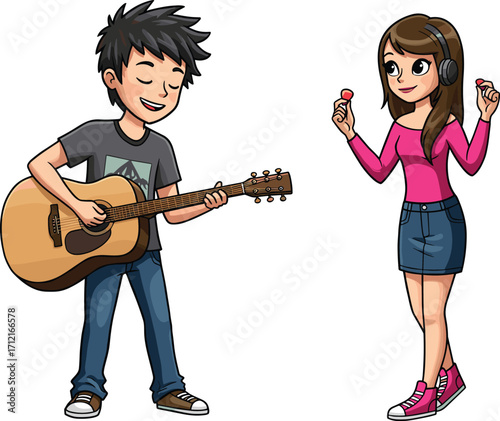 Cartoon boy playing guitar, girl with maracas, musical duo performance, kids music band, flat vector illustration, cad drawing  boy playing guitar, girl with maracas, musical duo 