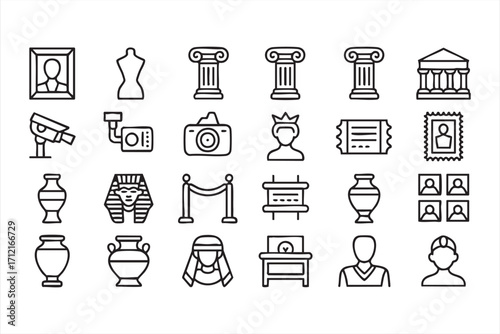 Museum and History Line Icons Set, Columns, Statues, Artifacts, Tickets, Portraits, Security and Cultural Heritage Symbols for Education and Exhibition Design