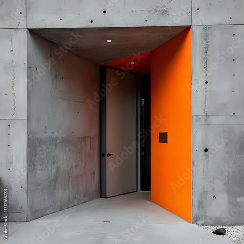 Modern architectural masterpiece with a striking bright orange doorway contrasting against a stark gray concrete exterior, inviting entry