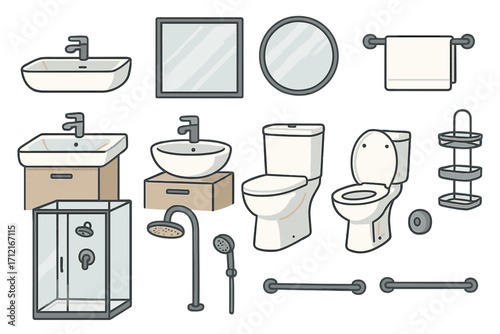 Bathroom furniture and fixtures icon set. Vector cartoon collection of sanitary ware. Modern interior design elements: sink, toilet, shower, mirror, faucet. Plumbing.