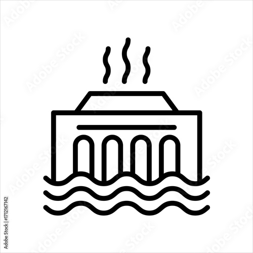 Minimalist outline illustration of a power generation facility or hydroelectric dam with water and steam, symbolizing renewable energy and industrial infrastructure