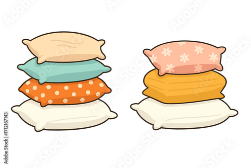 Set of cute cartoon pillow stacks. Collection of colorful decorative cushions for home decor. Vector illustration of soft textile bedding for comfort, sleep, and rest. Cozy piles.