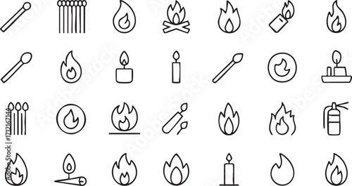 Matches and Fire Hazard Outline Icons for Safety and Emergency Graphics