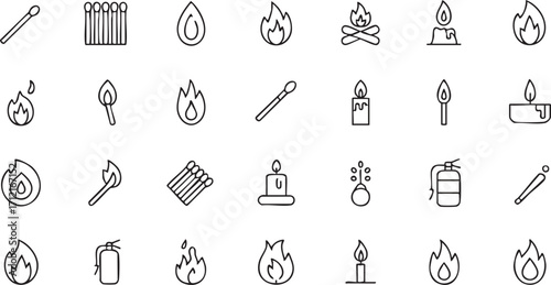 Burning Flame and Campfire Symbols Set in Minimal Line Vector Style