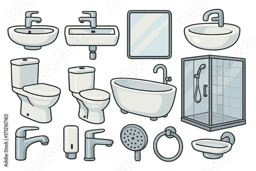 Bathroom fixtures and furniture set. Vector illustration collection of sanitary ware icons. Toilet, sink, bathtub, shower cabin, faucet, and mirror for interior design.