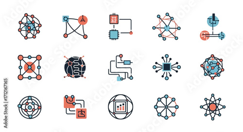 Set of colorful line art icons for technology and network systems.