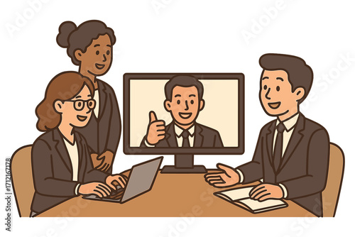 Business team in a virtual meeting with a remote colleague. A man on screen gives a thumbs up for success. Concept of teamwork, collaboration, and video conference. Cartoon vector.