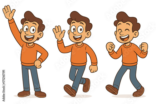 Cartoon character set of a young man in various poses. Happy friendly boy waving, walking, and celebrating. Vector illustration for animation or mascot design. Isolated person.