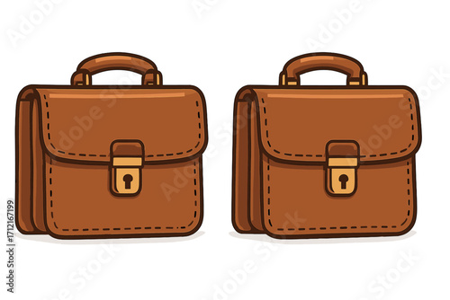 Brown leather briefcase set vector. Business portfolio bag for documents. Professional work accessory, classic lawyer case with handle and lock. Vintage diplomat satchel icon.