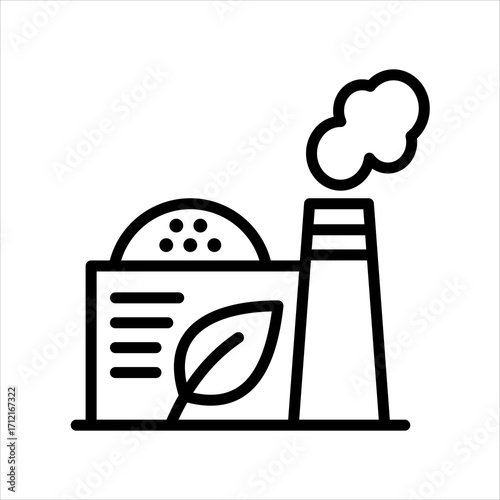 Eco-friendly industrial building with chimney emitting smoke and a green leaf symbol