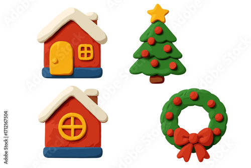 3D plasticine Christmas icon set. Cute cartoon house, tree, wreath. Winter holiday clay art element collection. Naive childish style vector illustration for festive decoration.