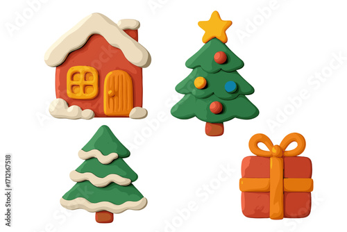 Christmas clay elements set. Cute 3D plasticine icons for holiday design. Collection includes gingerbread house, decorated tree, gift box. Naive childish style vector cartoon.