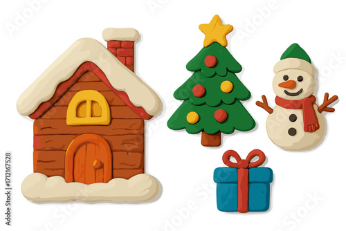 Christmas clay objects set. Plasticine house, tree, snowman, gift box icons. Cute 3D cartoon vector illustration for winter holiday design. Naive childish style elements.