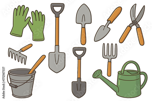 Gardening tools set vector cartoon illustration. Collection of garden equipment for farming and hobby. Shovel, rake, trowel, fork, watering can, bucket, gloves, and pruners.