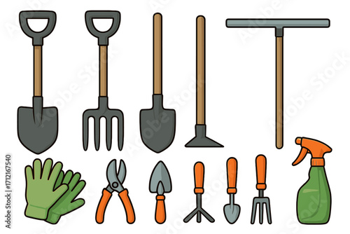 Gardening tools vector set. Garden equipment illustration with shovel, fork, trowel, pruners, gloves. Agriculture, farming & hobby concept. Cartoon clipart isolated on white.