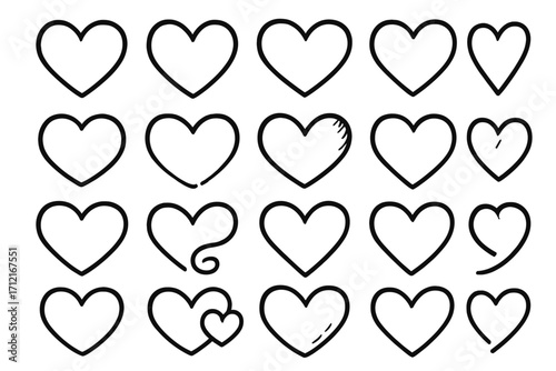Big set of hand drawn hearts. Collection of heart outlines in various styles. Love symbol doodle icons for graphic design. Vector elements for Valentine's Day or wedding.