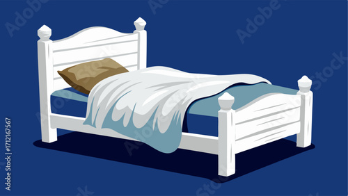 A distressed white wooden bed frame with a fluffy white duvet and a navy blue throw blanket.