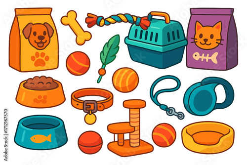 Vector set of pet shop accessories. Cartoon illustration collection of dog and cat supplies: food bag, bowl, toy ball, bone, carrier, leash, collar, and cat tree. Animal care items.