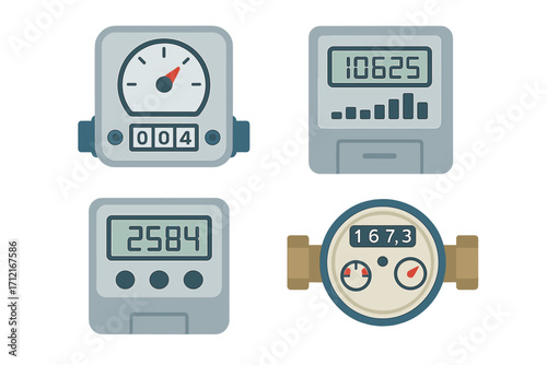 Utility meter vector collection. Smart electric, gas, and water meters with analog and digital displays. Icon set for measuring energy consumption, usage, and household bills.