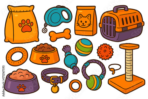 Pet shop vector set. Cartoon collection of dog and cat accessories. Pet care supplies including food, toys, collar, leash, bowl, bone, carrier and scratching post.