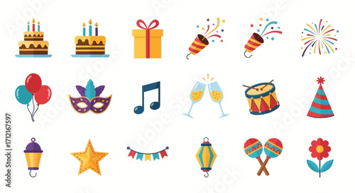 Collection of vibrant party and celebration themed icons.