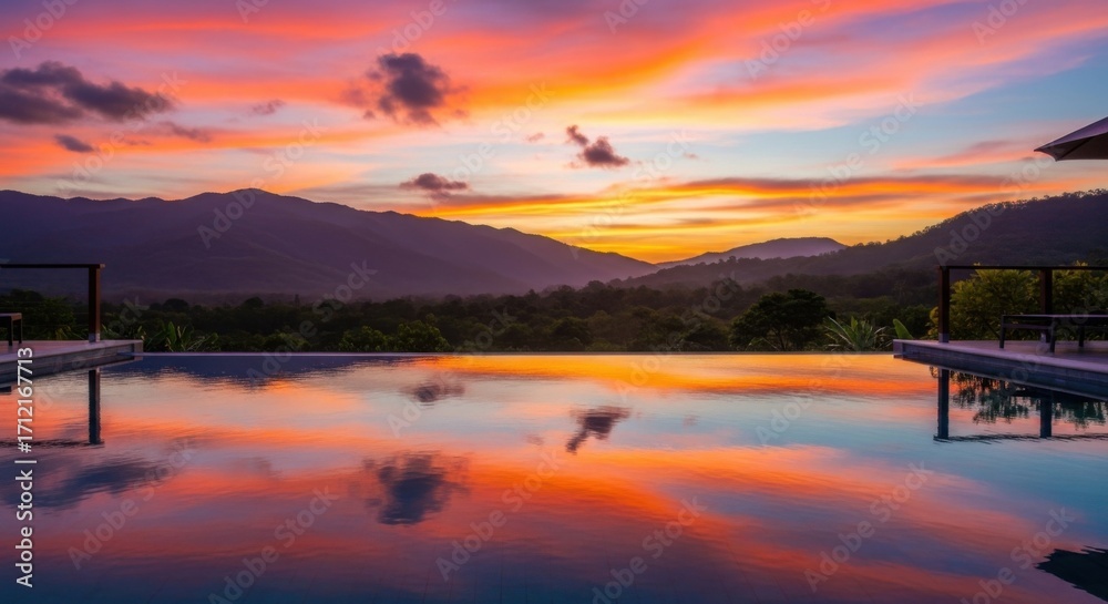 Fototapeta premium Sunset Over Mountain Landscape with Pool Reflecting Colorful Sky