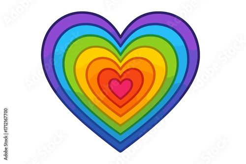 Rainbow heart vector icon. Colorful layered heart symbol of love, pride, and equality. Concentric gradient design element for LGBTQ community celebration and romantic concepts.