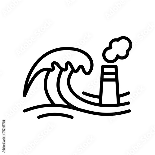 Vector line icon of a tsunami wave overwhelming an industrial factory, symbolizing climate change and environmental disaster
