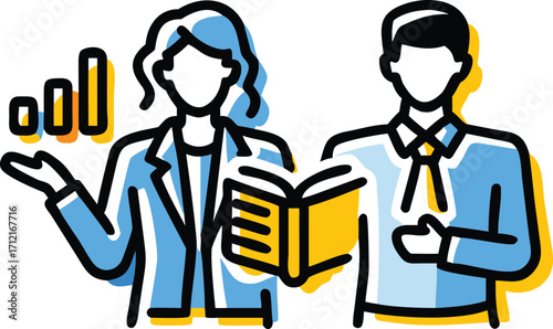 Stylized business people presenting data and book illustration minimalist