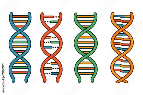 Set of colorful DNA strand vector icons. Scientific design for genetics, and biology research. Chromosome, gene structure, and double helix. Medical and biotechnology concept.