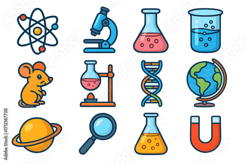 Science education icon set. Vector cartoon illustration of scientific symbols. Chemistry, biology, physics research concepts. Atom, microscope, DNA, globe, planet, magnet.