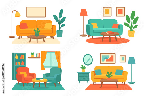 Set of colorful living room interiors. Collection of modern, cozy furniture for home decor. Scenes with sofa, armchair, table, lamp, and plants. Flat cartoon vector illustration.
