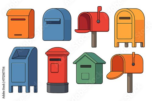 Vector set of colorful mailboxes. Postbox and letterbox collection in various styles. Flat cartoon illustration of postal boxes for mail delivery, communication, and postage.