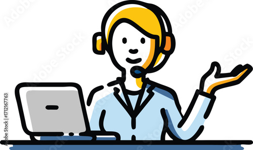 Stylized friendly person with headset and laptop illustration minimalist