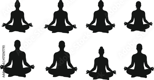 Silhouette of people meditating in lotus yoga pose, mindfulness relaxation, meditation practice, spiritual health, peaceful sitting exercise vector design