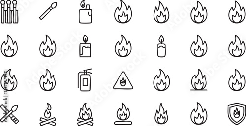Fire and Flame Icons Collection with Matches Lighter and Candle Symbols