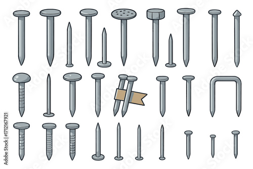 Vector set of metal nails for construction and carpentry. Collection of hardware icons, including common, roofing, finishing, and masonry nails. Tack, brad, screw and staple.