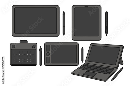 Set of graphic drawing tablets, pen display, and digital art devices. Vector illustration collection of tools for graphic designer, artist, and illustrator. Gadgets isolated.