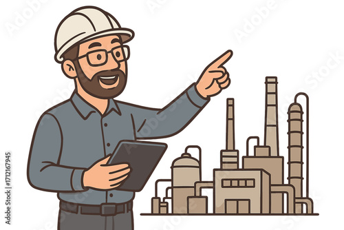 Engineer with tablet at factory. Industrial plant operations. Man character in hard hat pointing. Supervisor inspecting. Manufacturing and production concept. Technology vector.