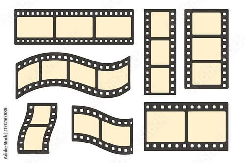 Set of retro film strips, collection of movie reel borders. Blank frames for creative design projects. Vintage cinema negative template. Photography and video concept vector.