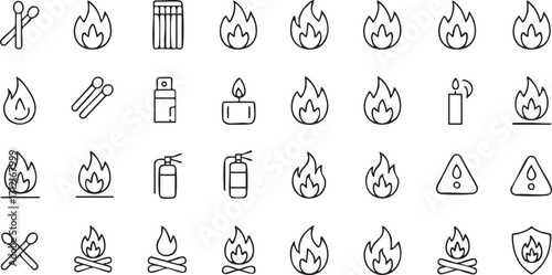 Fire and Flame Icons Collection with Matches Lighter and Candle Symbols