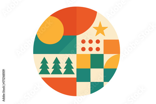 Happy New Year 2026 greeting card. Christmas winter holidays design in modern minimalist geometric style. Festive abstract background with tree, star. Colorful flat vector.
