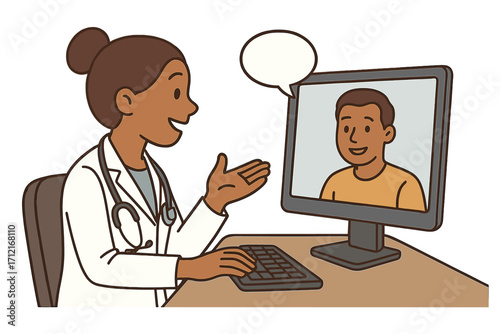 Telemedicine concept with black female doctor consulting male patient online. Virtual healthcare consultation via video call on computer. Telehealth medical appointment vector illustration.