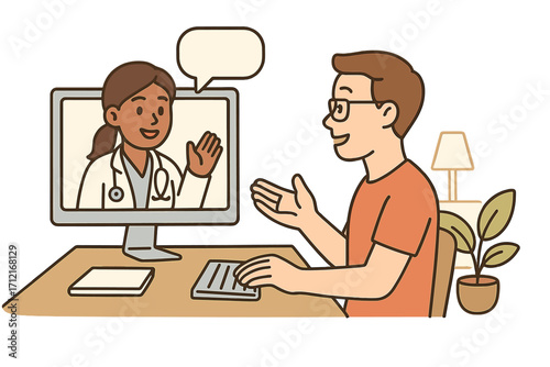 Telemedicine concept with patient and doctor. Man at home having online video consultation with a female healthcare professional. Remote medical advice. Cartoon vector illustration.