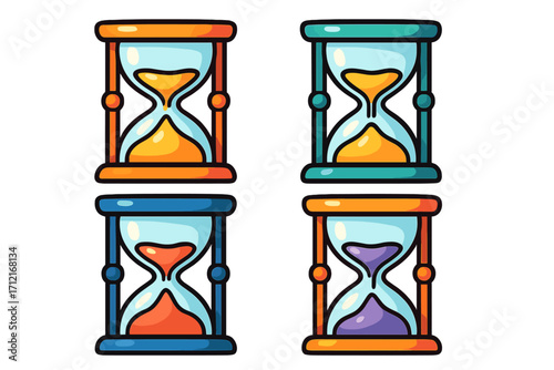Colorful hourglass icon set. Sandglass timer collection symbolizes the passage of time, countdown, and deadlines. Simple modern flat design cartoon vector illustration.