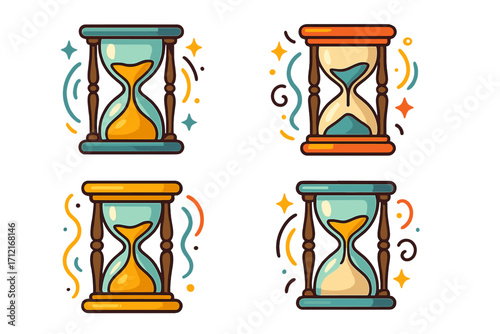 Hourglass vector icon set. Time passage concept. Sandglass logo collection. Countdown timer symbol. Deadline, waiting, running out of time metaphor. Vintage sand clock.