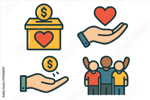 Donation and charity icon set for fundraising events. Community engagement, support, and giving concepts. Vector illustration of love, care, help, and financial aid.