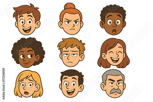 Cartoon faces with diverse emotions. Character head set for animation. Vector people avatars showing happy, angry, sad, surprised expressions. Diverse ages and ethnicity.