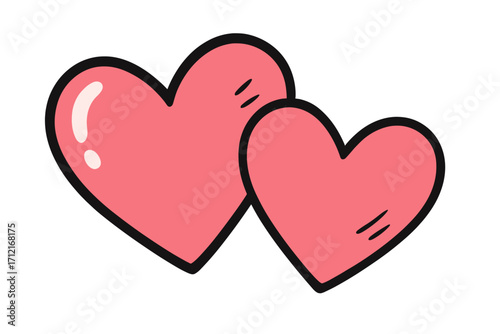 Two cute pink hearts symbol of love, romance and affection. Vector cartoon illustration for Valentine's day. Simple hand drawn icon of a couple in a relationship together.