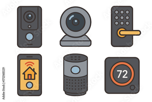 Smart home technology icon set vector. Internet of things devices for security and convenience. Automation system control symbols. Doorbell, camera, lock, thermostat illustration.